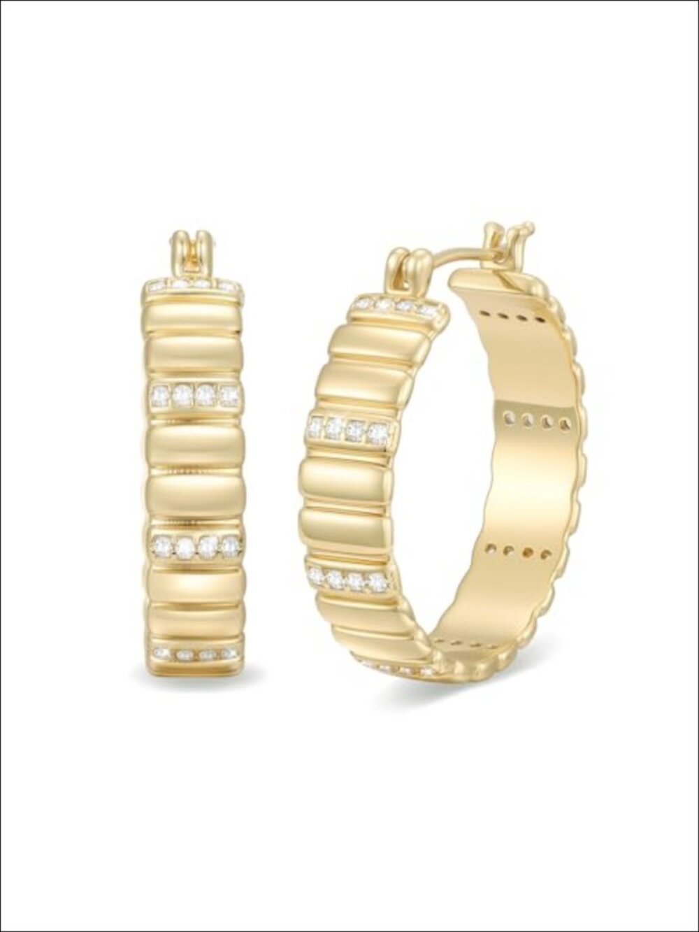 14K Gold Plated Chunky Hoop Earrings Striped Lines 23MM Statement